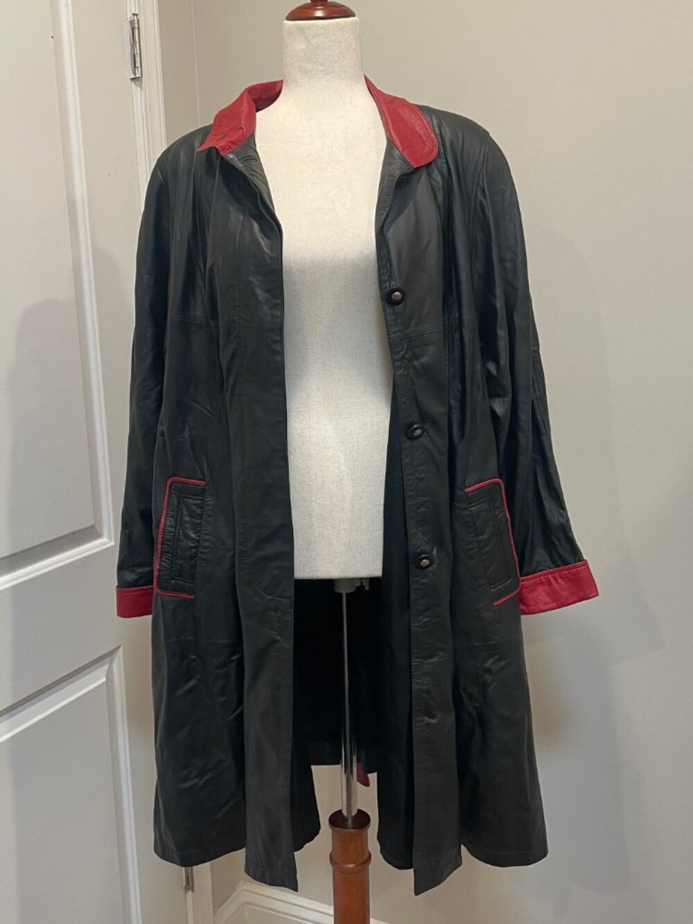 LEDER SCHMIDT Black & Red Leather Trench Coat with Detachable Hood